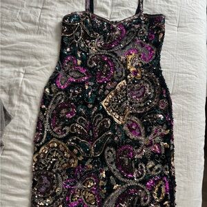Vintage 90s Niteline Black Sequin Paisley Mini Dress with Gold & Fuchsia Accents